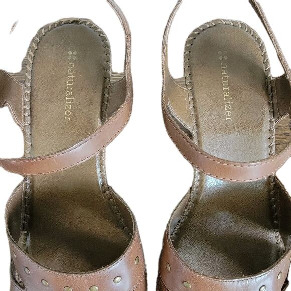 Naturalizer Wedge Block Heel Sandals Women 8.5 Brown Open Toe 4" Strappy Comfort - Picture 4 of 7